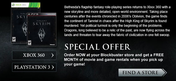 Blockbuster Elder Scrolls V: Skyrim Promotion Blockbuster Elder Scrolls V: Skyrim Promotion