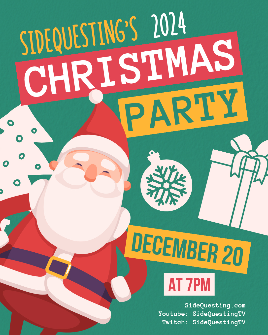 Join us for SIDEQUESTING’S 2024 COMMUNITY CHRISTMAS PARTY on December 20th at 7PM