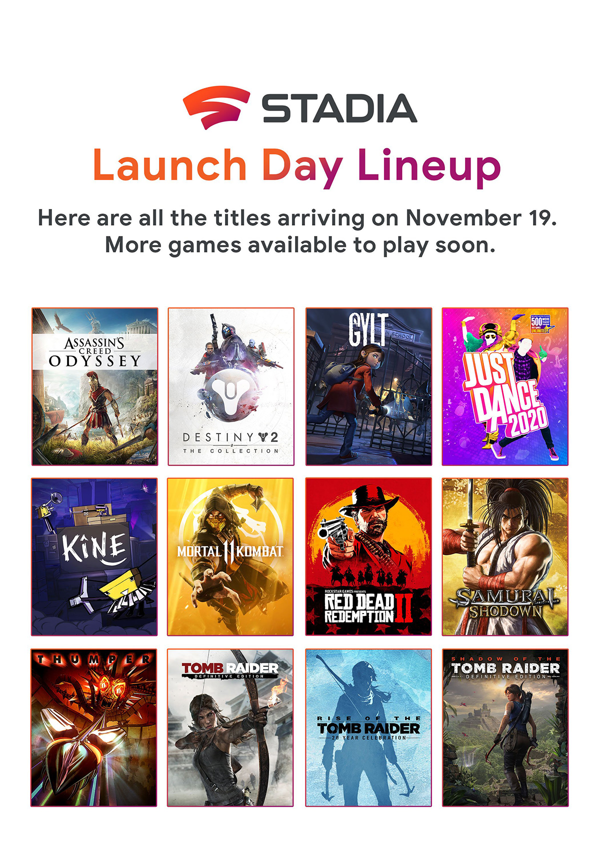 Google reveals its Stadia launch lineup just days before release